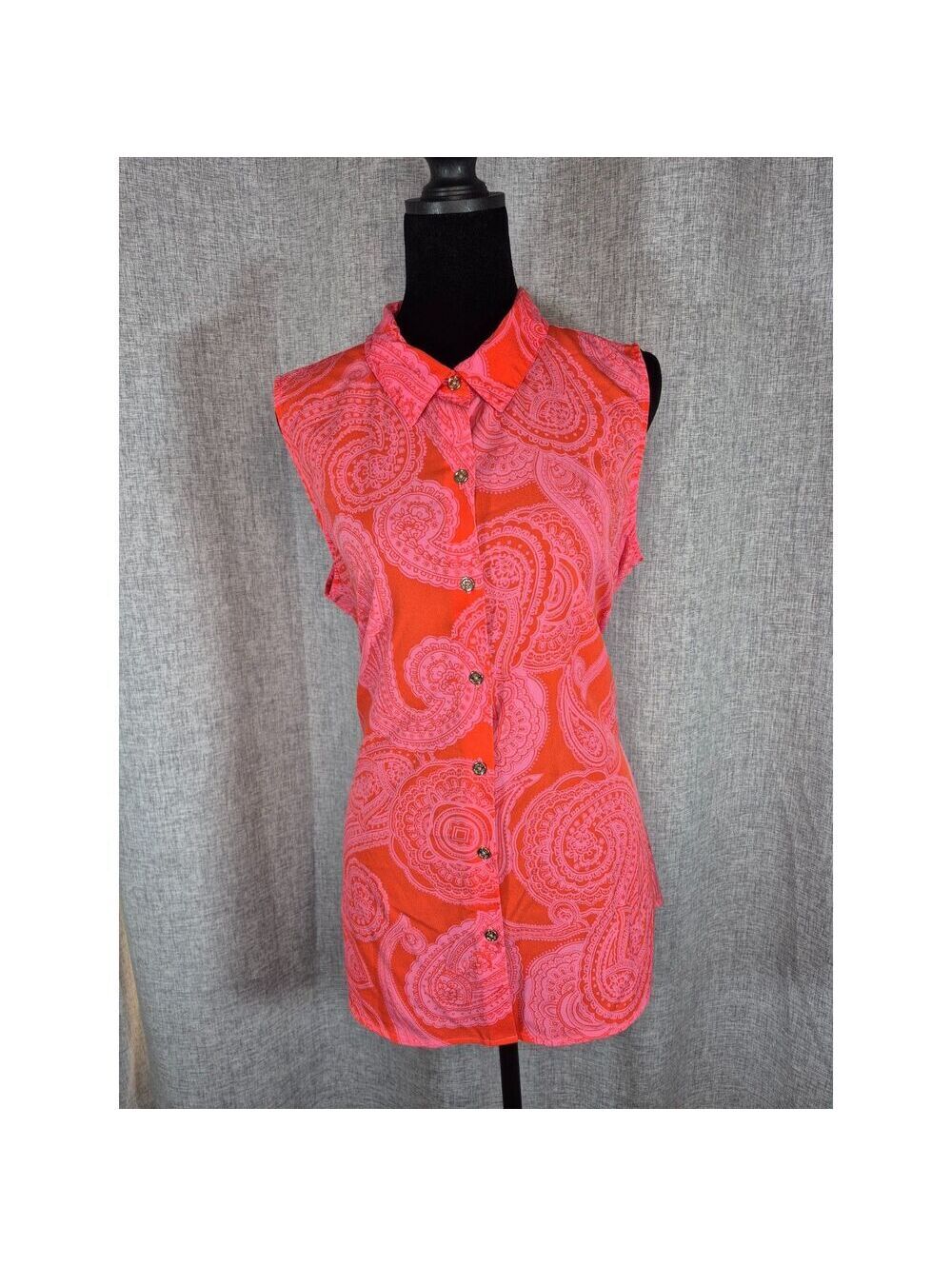 Tommy Hilfiger Women’s Large Pink Orange Paisley Sleeveless Tie Back Blouse